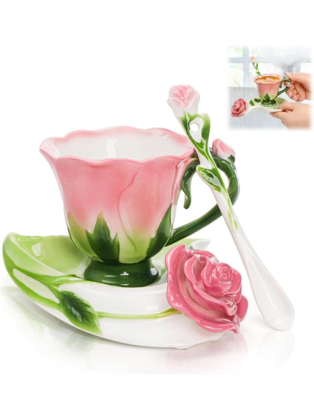 Handcrafted Pink Rose Tea Cup Set with Saucer & Spoon - Vintage Teaware Gift
